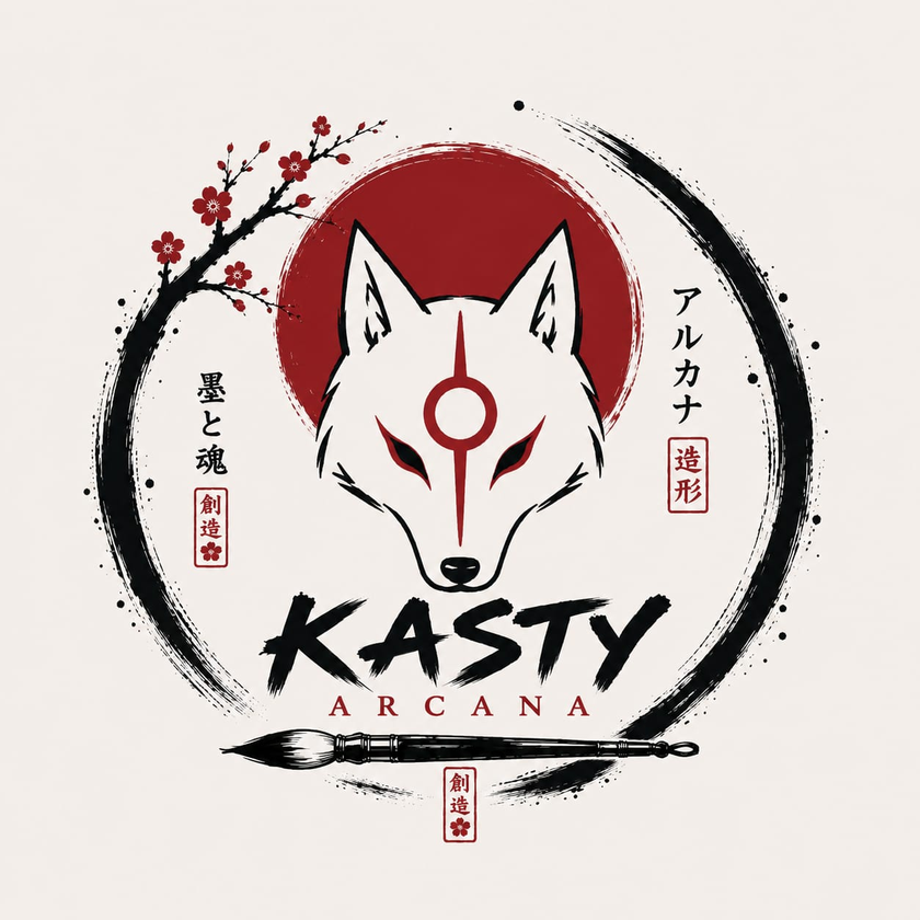 Logo de Kasty Arcana: cabeza de zorro blanco sobre un sol rojo, dentro de un círculo de tinta